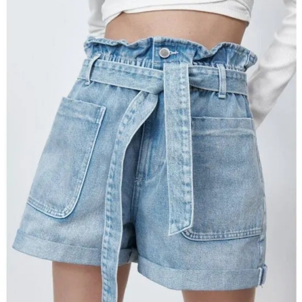 EUC Zara Size 2 Belted Blue Denim Paperbag High Waist Shorts!!